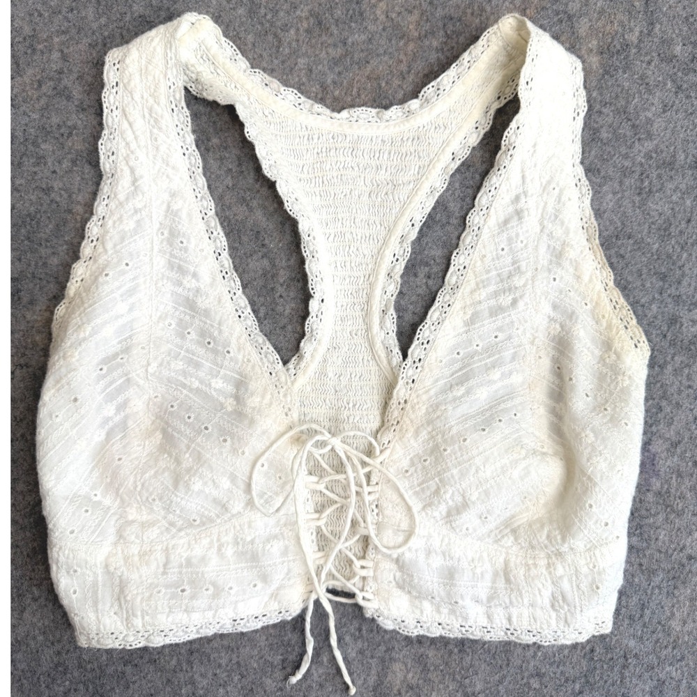 Vintage Y2K Eyelet Lace Corset Crop Top S White Boho Lace Up Cottage Romantic